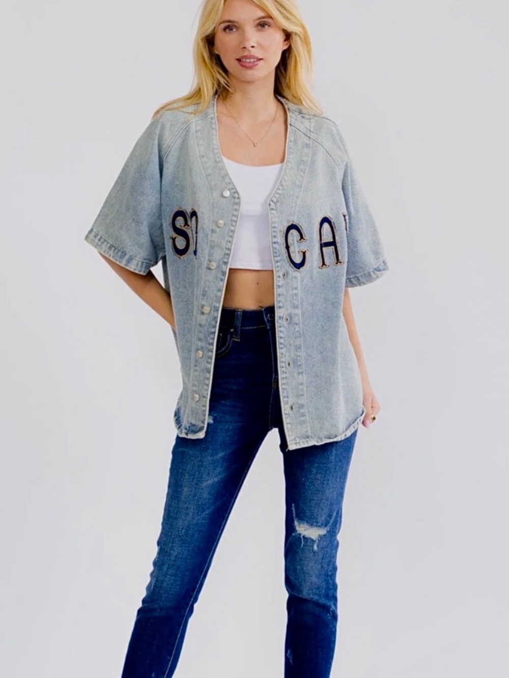 SO CAL Denim Short Sleeve Jean Jacket Shirt Medium-Wash Size Small - Picture 2 of 8